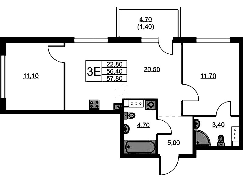 2-комнатная квартира 57.8 м², 10/11 эт., ЖК «А101 Лаголово»